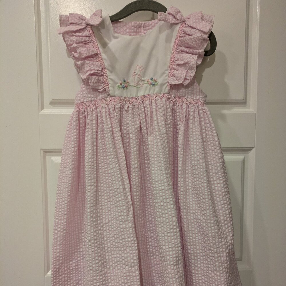 Petit Ami Pink Gingham Check Dress with Smocking Bunny Flowers Ruffled Size 2T